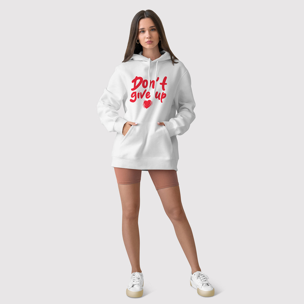 Fronte felpa donna bianca con cappuccio in cotone organico e scritta rossa “Don't give up” Totally Random