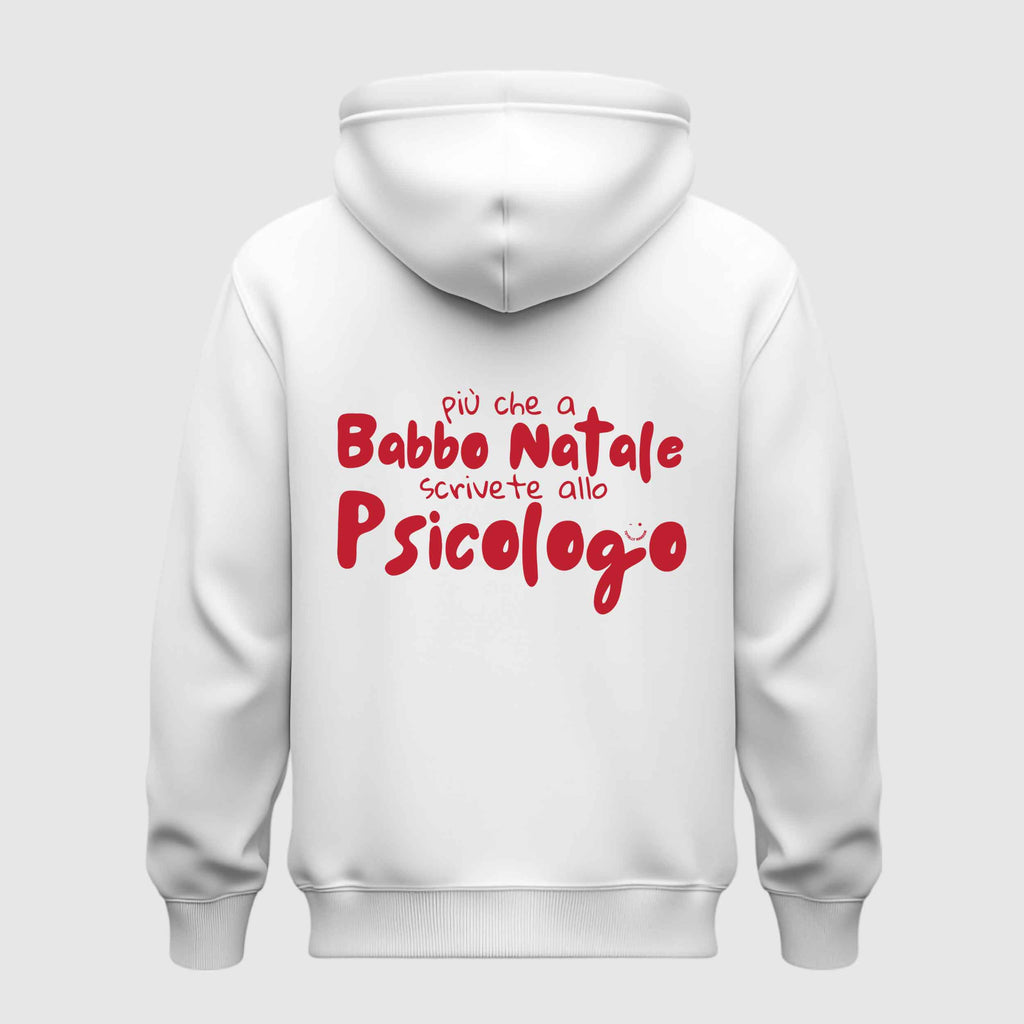 Mockup retro felpa bianca in cotone organico con cappuccio e scritta “Più che a Babbo Natale scrivete allo psicologo” Totally Random