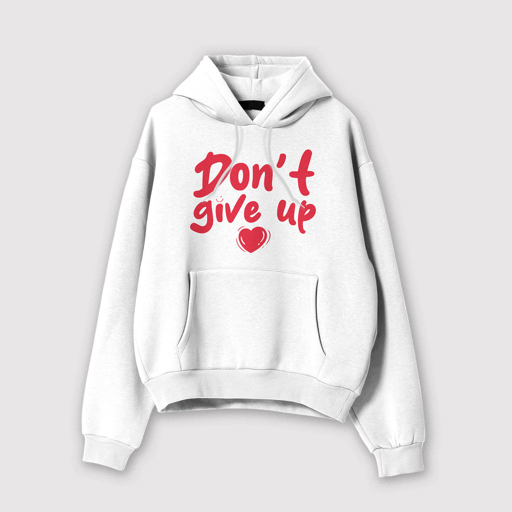 Mockup felpa donna bianca con cappuccio in cotone organico e scritta rossa “Don't give up” Totally Random