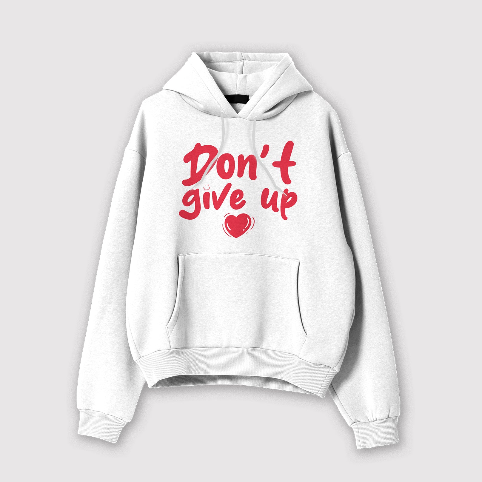 Mockup felpa donna bianca con cappuccio in cotone organico e scritta rossa “Don't give up” Totally Random