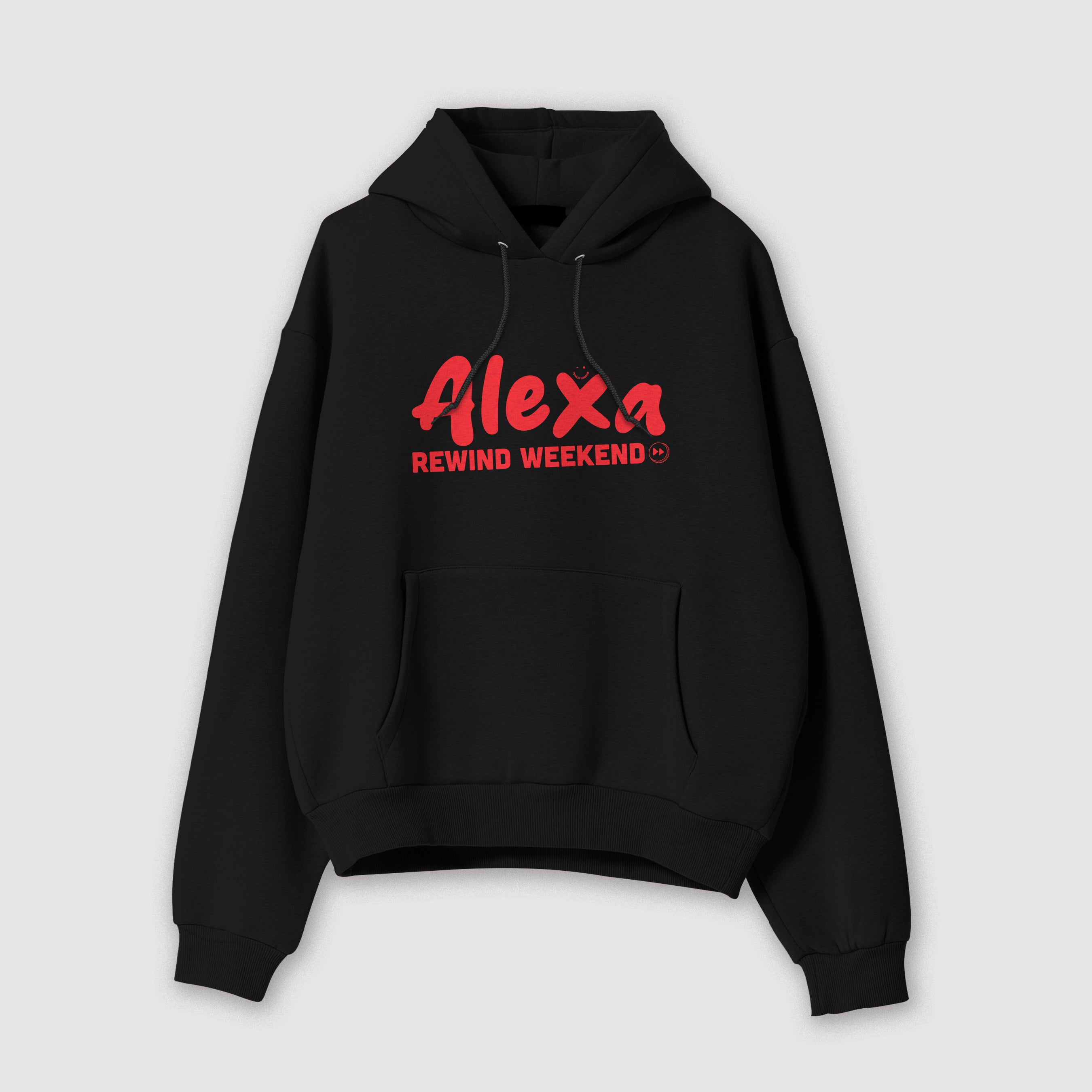 Mockup felpa donna black in cotone organico con cappuccio e scritta rossa “Alexa rewind weekend” Totally Random
