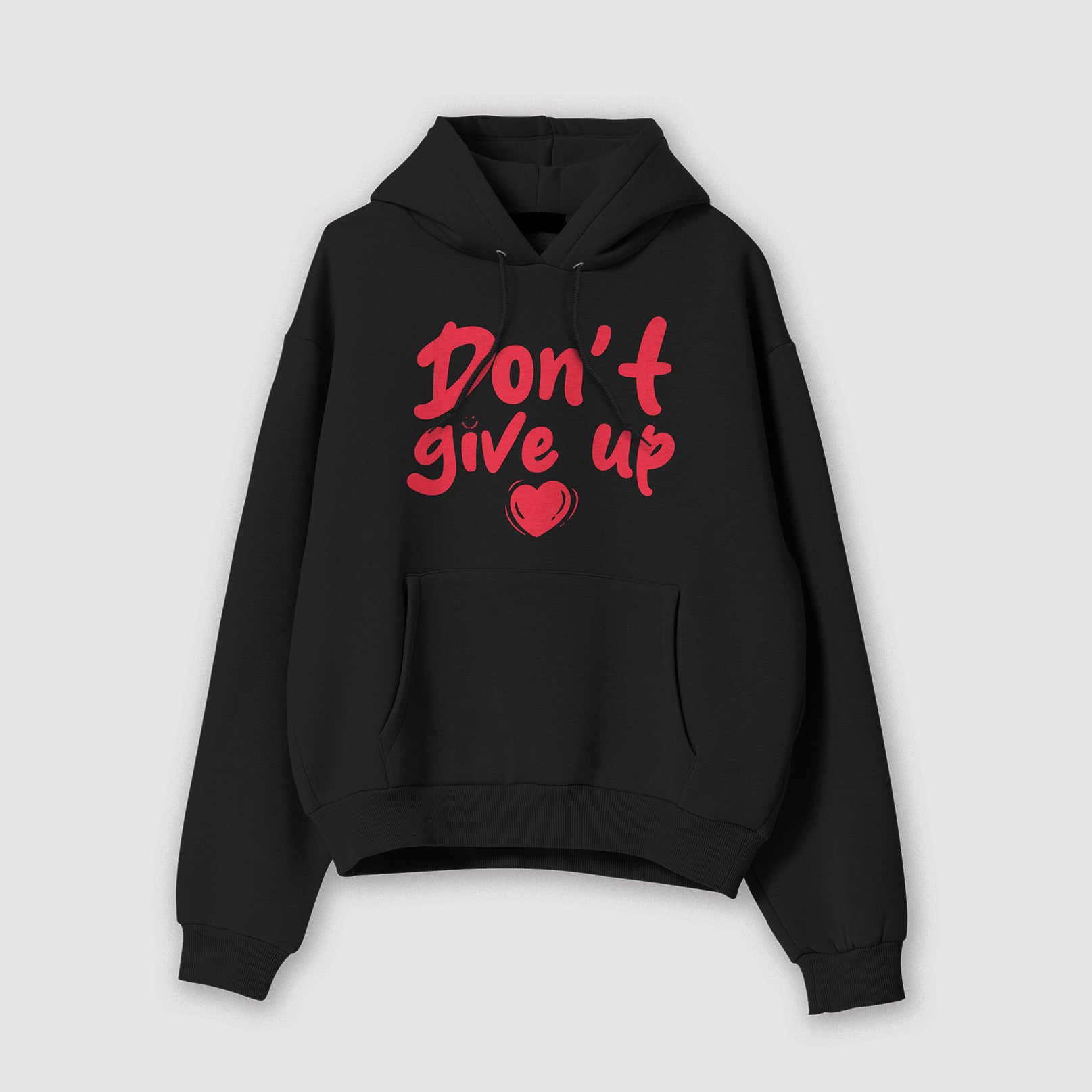 Mockup felpa donna nera con cappuccio in cotone organico e scritta rossa “Don't give up” Totally Random