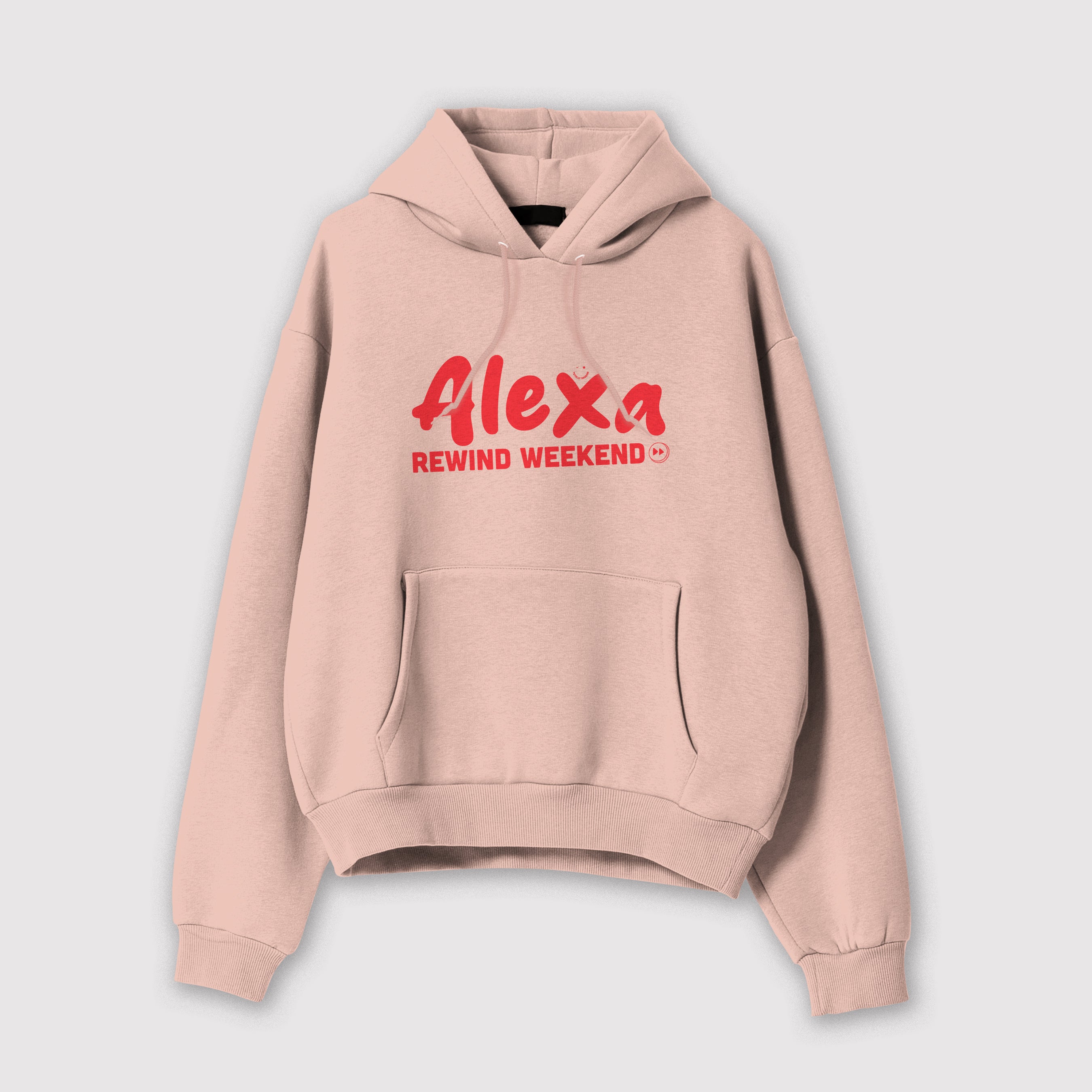 Mockup felpa donna rosa in cotone organico con cappuccio e scritta rossa “Alexa rewind weekend” Totally Random