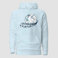 mockup frontale felpa unisex azzurra con cappuccio e scritta blu navy in arabo شو رأيك كزدرة con disegno di mappamondo - Totally Random®