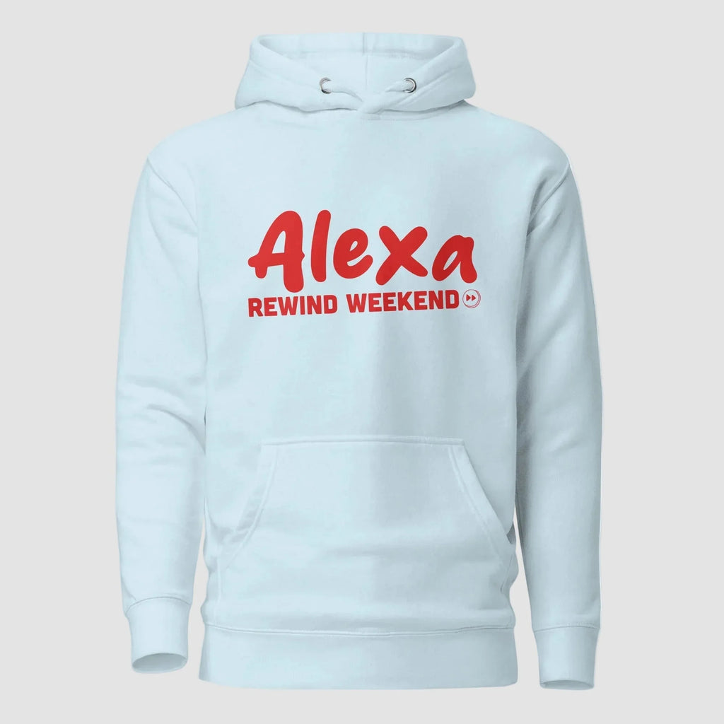 mockup frontale felpa unisex azzurra con cappuccio e scritta rossa alexa rewind weekend - Totally Random®