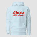 mockup frontale felpa unisex azzurra con cappuccio e scritta rossa alexa rewind weekend - Totally Random®