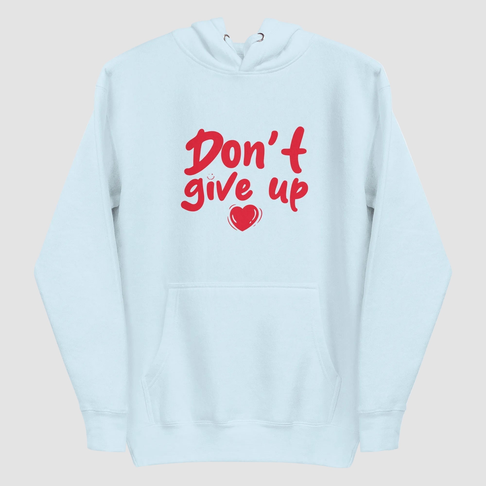 mockup frontale felpa unisex azzurra con cappuccio e scritta rossa in inglese don't give up - Totally Random®