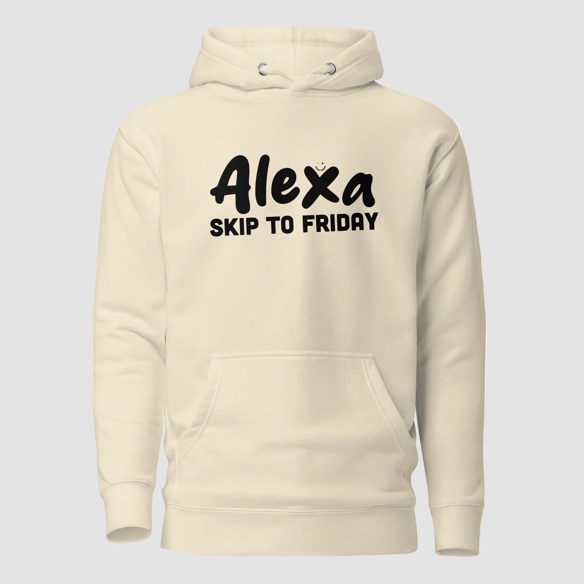 mockup frontale felpa unisex beige con cappuccio e scritta nera alexa skip to friday - Totally Random®