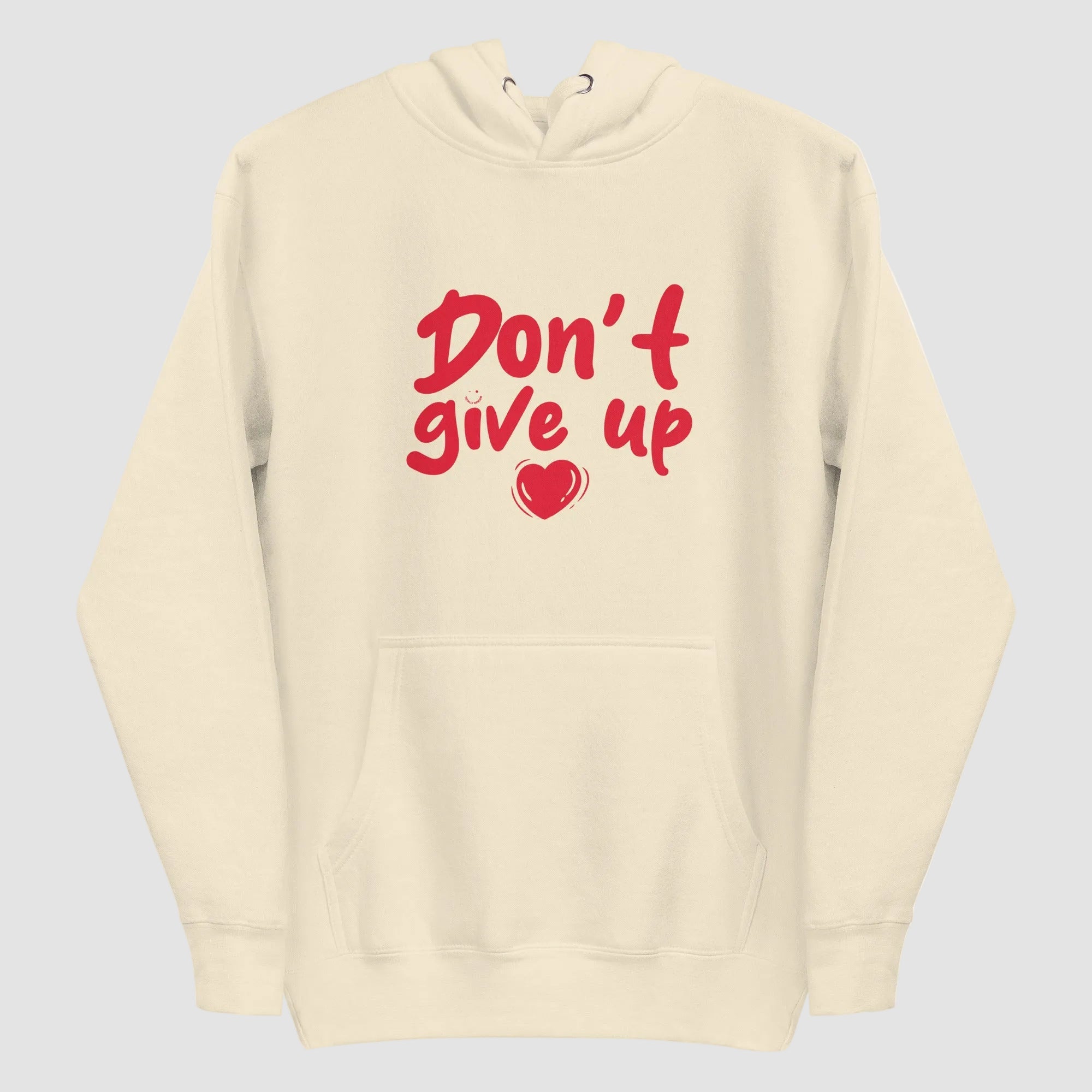 mockup frontale felpa unisex beige con cappuccio e scritta rossa in inglese don't give up - Totally Random®