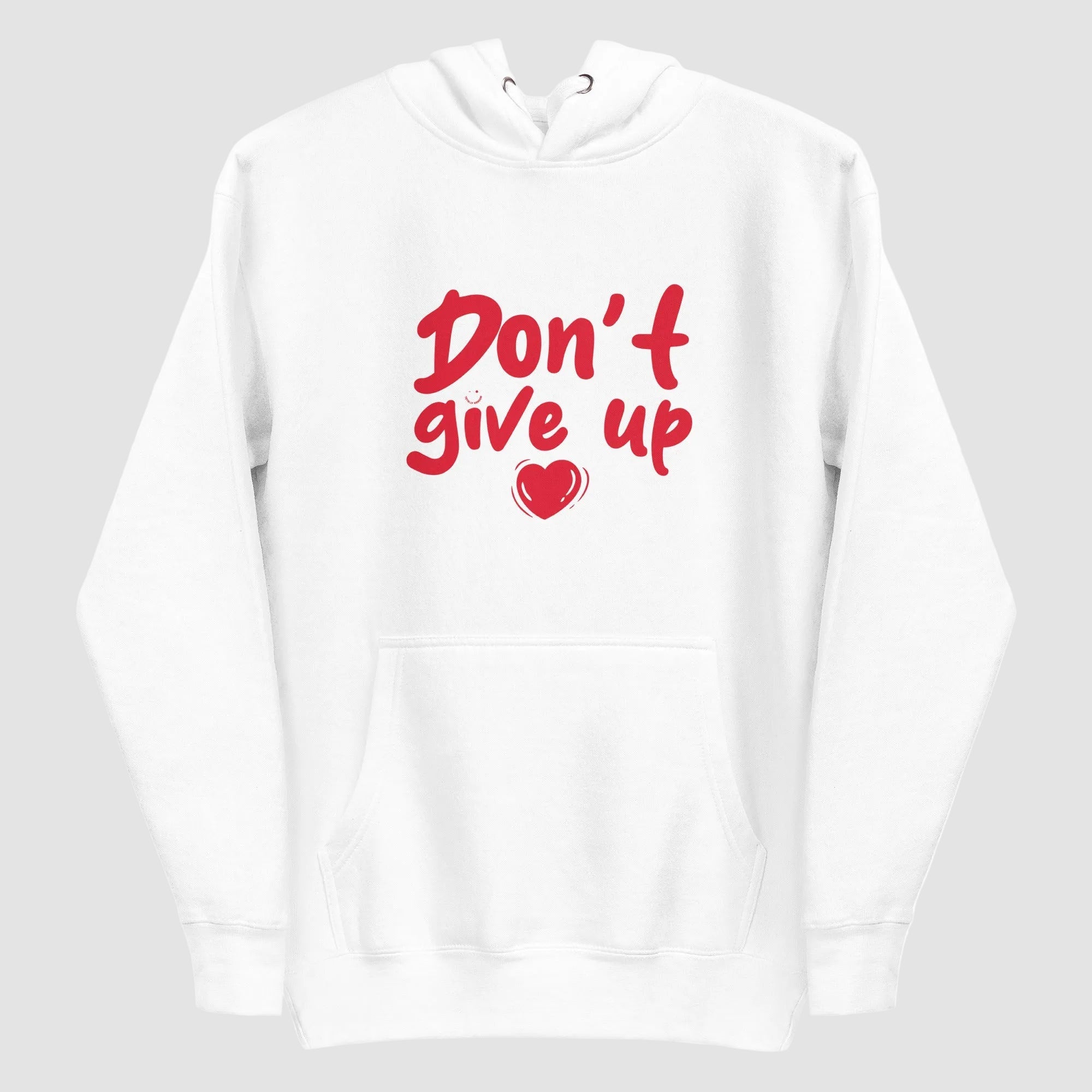 mockup frontale felpa unisex bianca con cappuccio e scritta rossa in inglese don't give up - Totally Random®