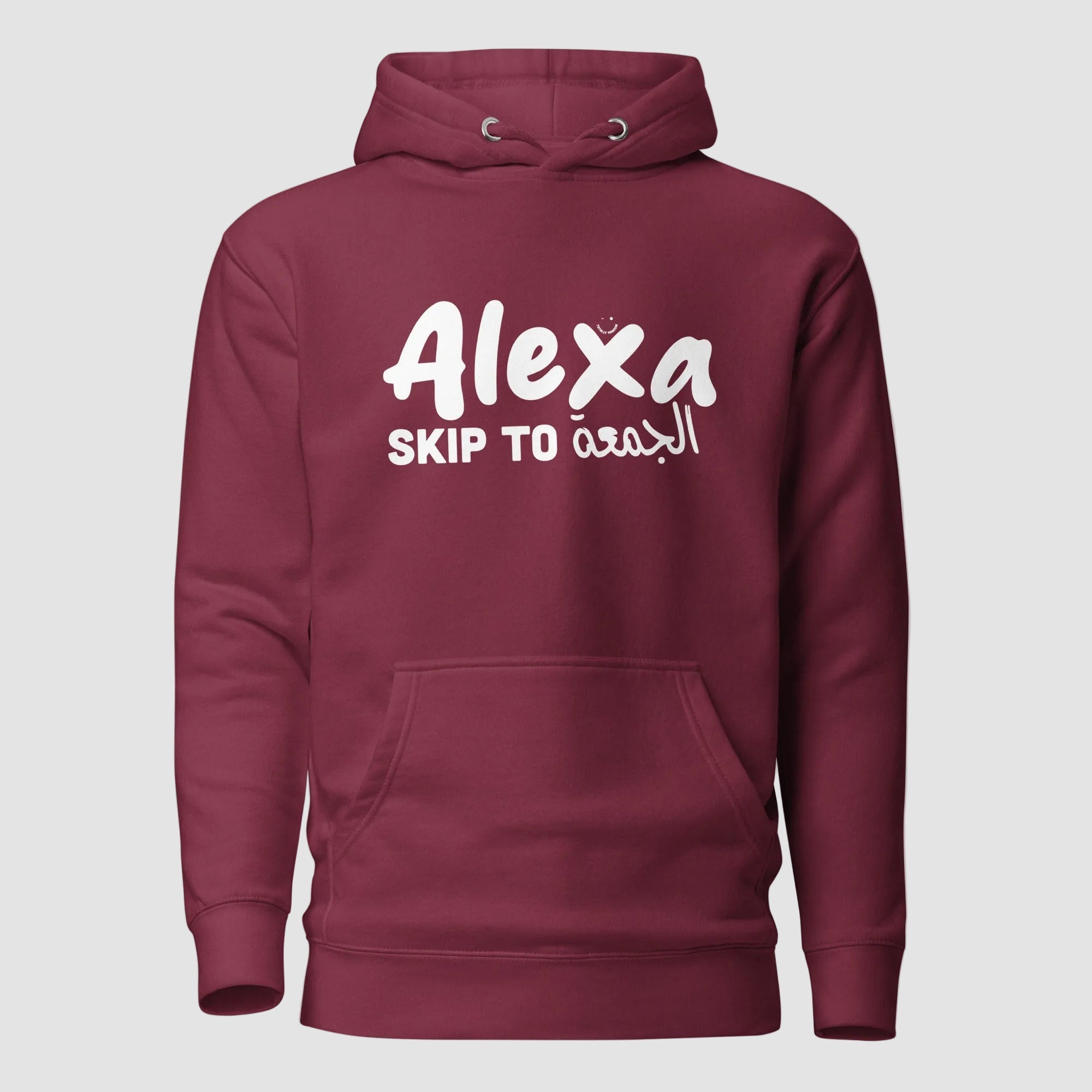 mockup frontale felpa unisex bordeaux con cappuccio e scritta bianca in inglese ed arabo alexa skip to الجمعة - Totally Random®