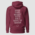 mockup retro felpa unisex bordeaux con cappuccio e scritta bianca sulla schiena even your worst days only have 24 hours - Totally Random®