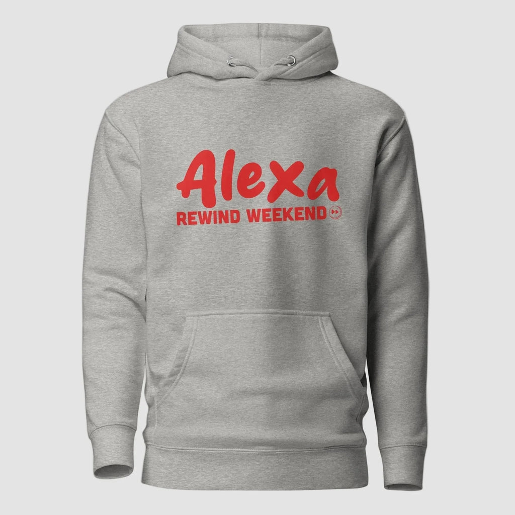 mockup frontale felpa unisex grigia con cappuccio e scritta rossa alexa rewind weekend - Totally Random®