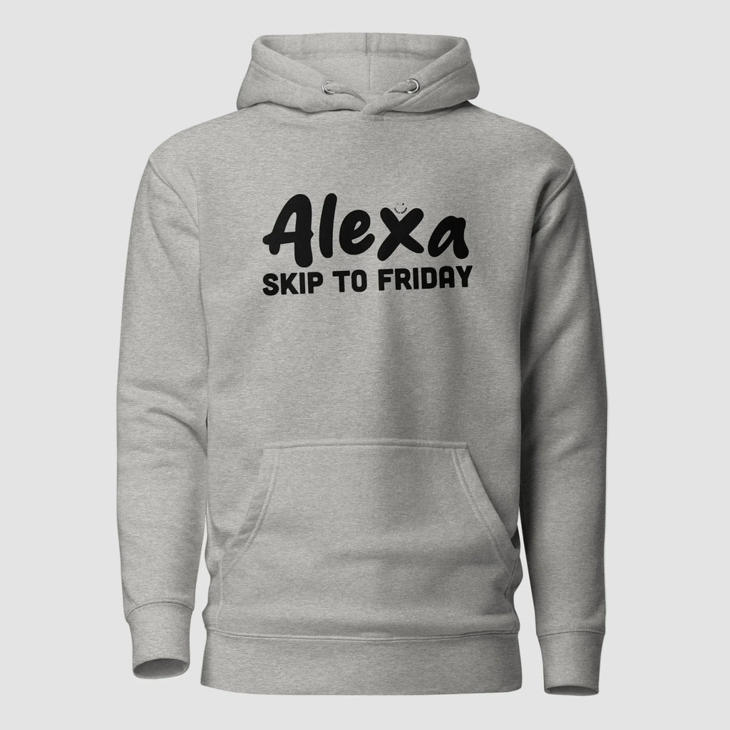 mockup frontale felpa unisex grigia con cappuccio e scritta nera alexa skip to friday - Totally Random®