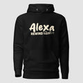 mockup frontale felpa unisex viola con cappuccio e scritta beige in inglese ed arabo alexa rewind العطلة - Totally Random®