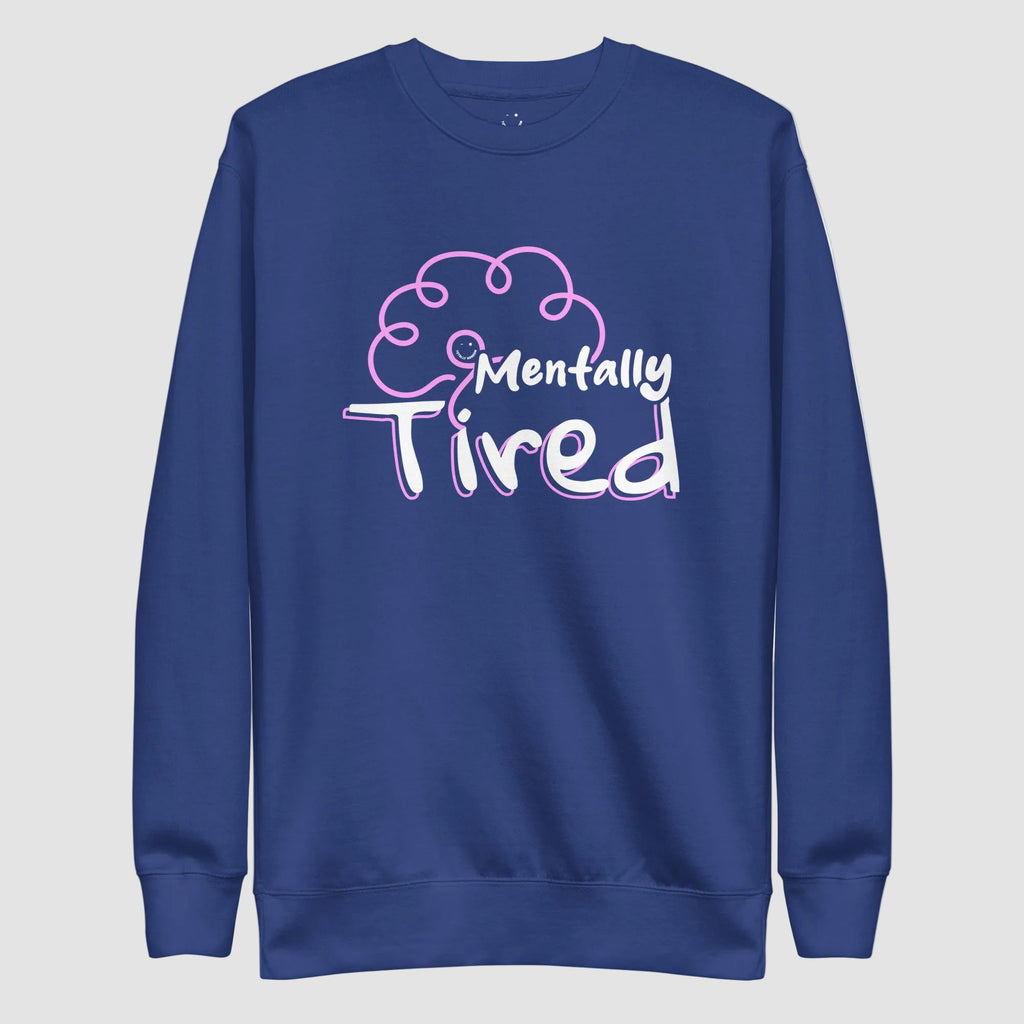 mockup frontale felpa unisex girocollo blu royale con design di un cervello rosa e scritta bianca mentally tired - Totally Random®