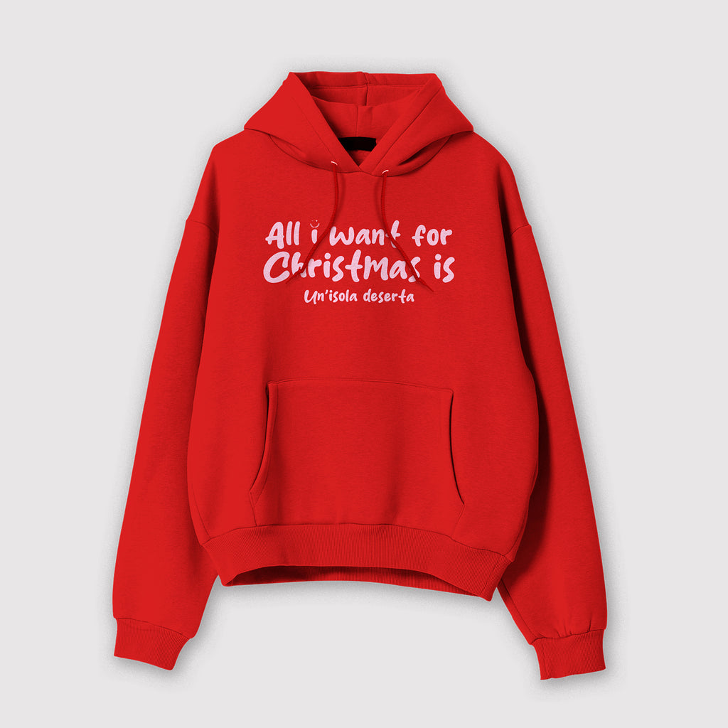 Mockup felpa uomo rossa con cappuccio in cotone organico e scritta rosa “All i want for Christmas is Un'isola deserta” Totally Random
