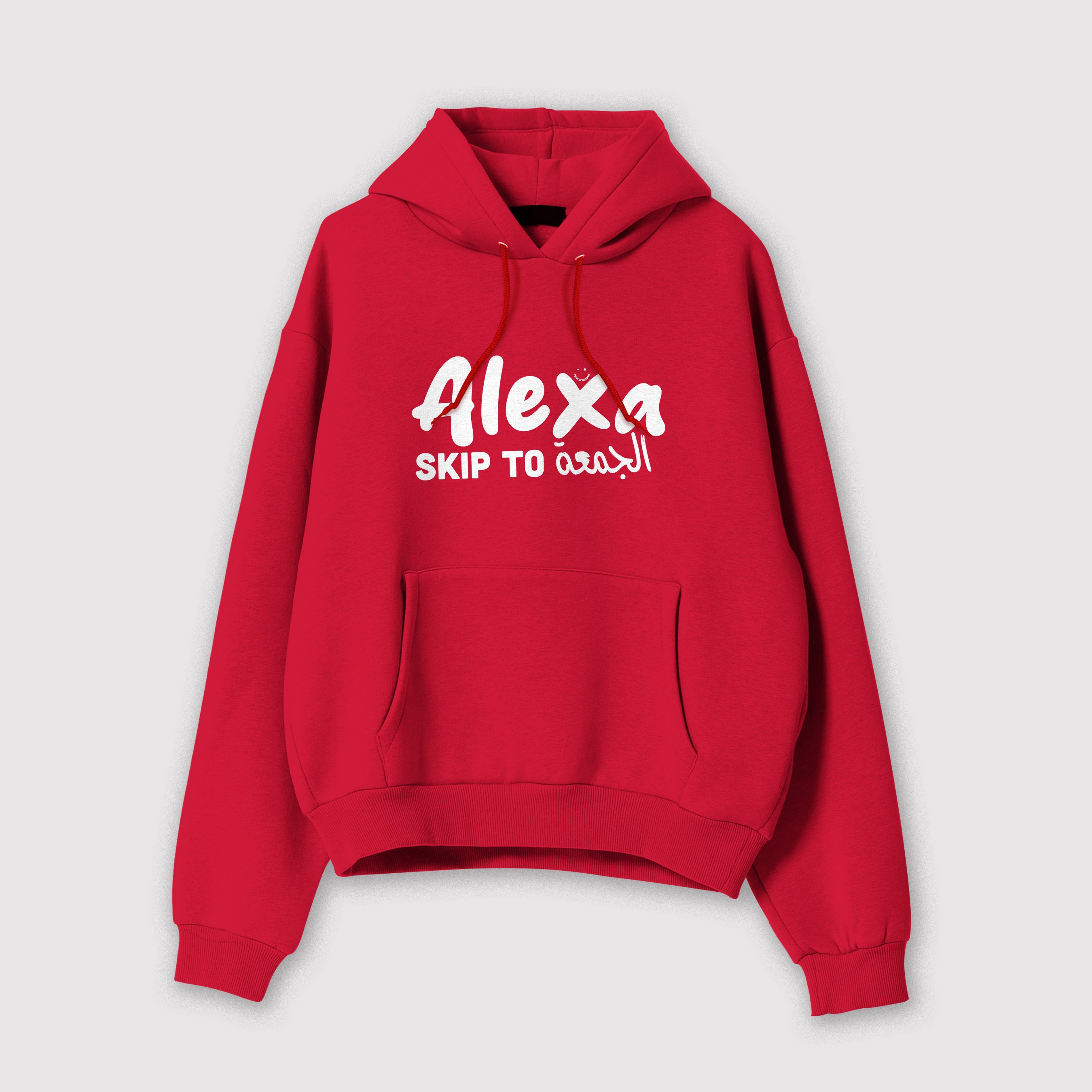 Mockup fronte felpa uomo rosso in cotone organico con cappuccio e scritta bianca “Alexa skip to الجمعة” Totally Random