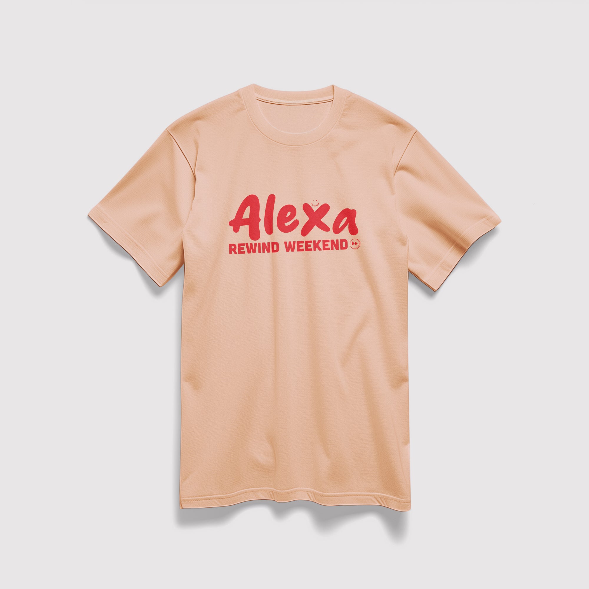Mockup maglietta unisex girocollo arancione in cotone biologico e scritta rossa “Alexa rewind weekend” Totally Random