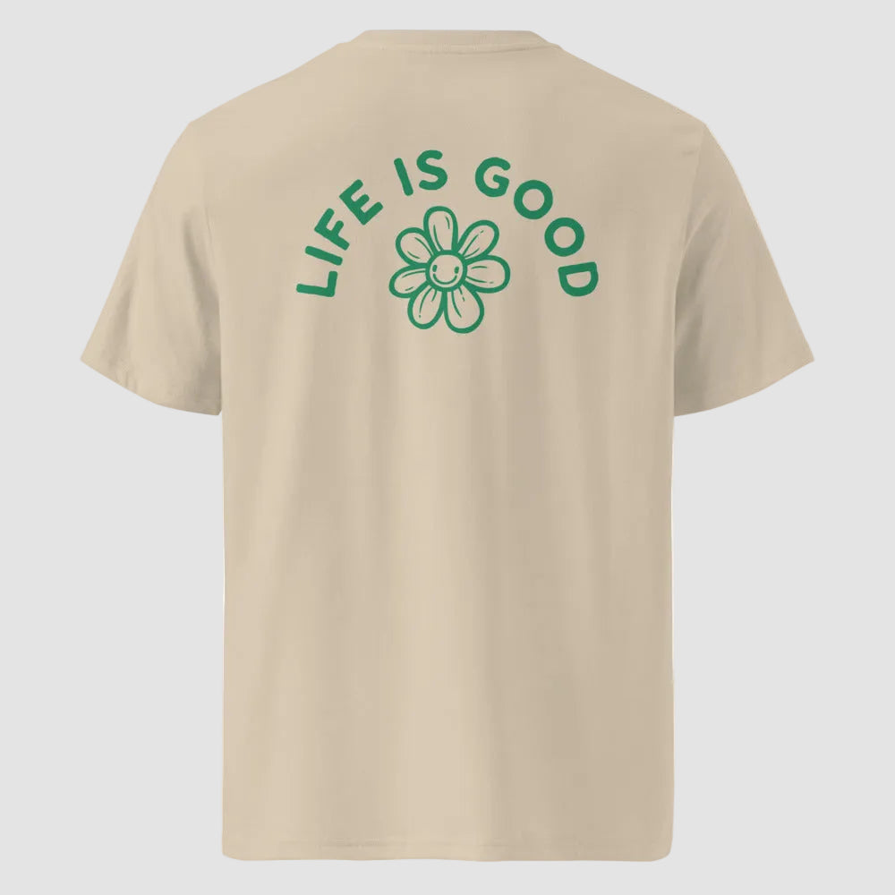 mockup retro maglietta unisex beige con icone di fiore e scritta verde sulla schiena Life Is Good - Totally Random®