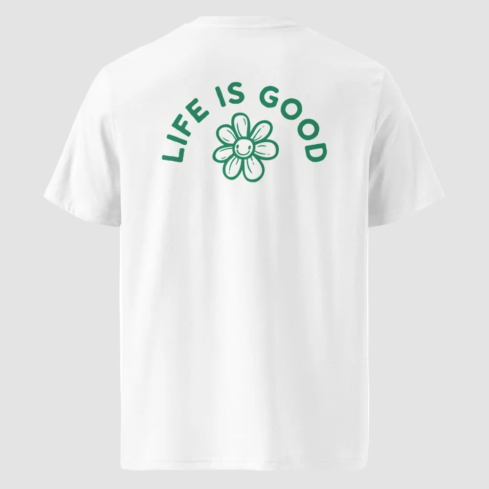 mockup retro maglietta unisex bianca con icone di fiore e scritta verde sulla schiena Life Is Good - Totally Random®