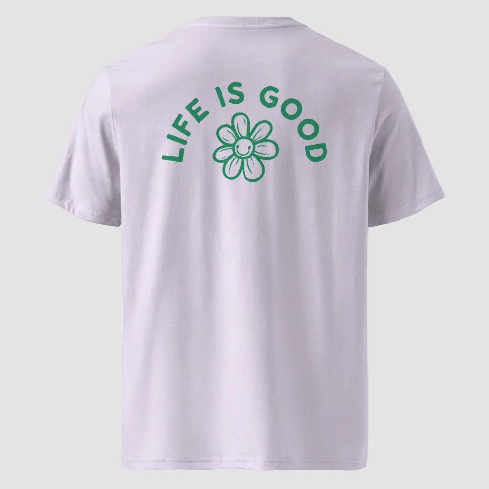 mockup retro maglietta unisex lilla con icone di fiore e scritta verde sulla schiena Life Is Good - Totally Random®