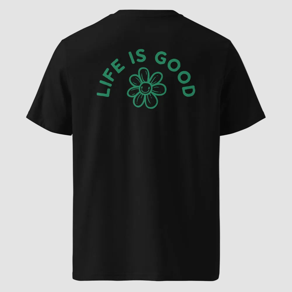 mockup retro maglietta unisex nera con icone di fiore e scritta verde sulla schiena Life Is Good - Totally Random®