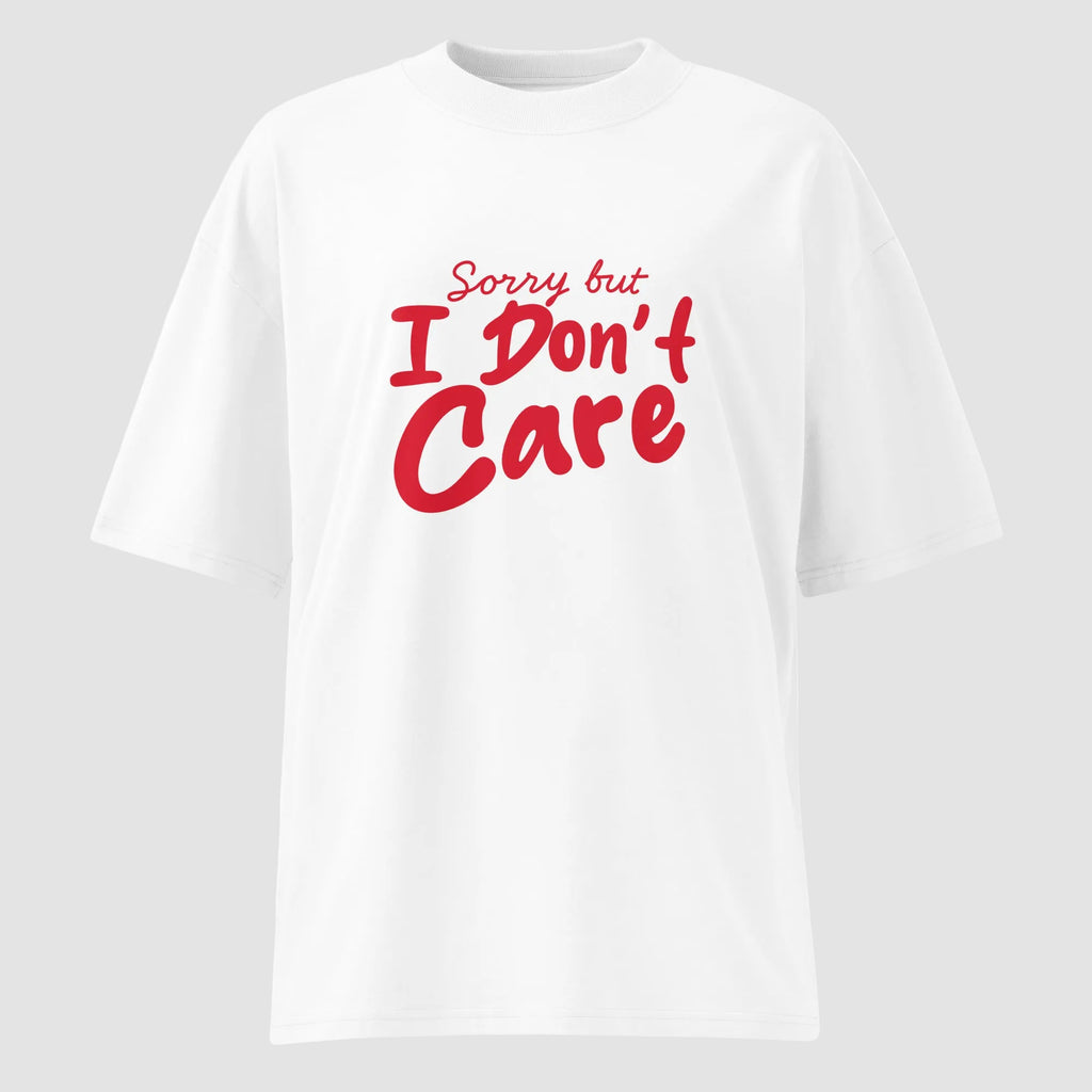 mockup maglietta unisex oversize bianca con scritta rossa sorry but i don't care - Totally Random®