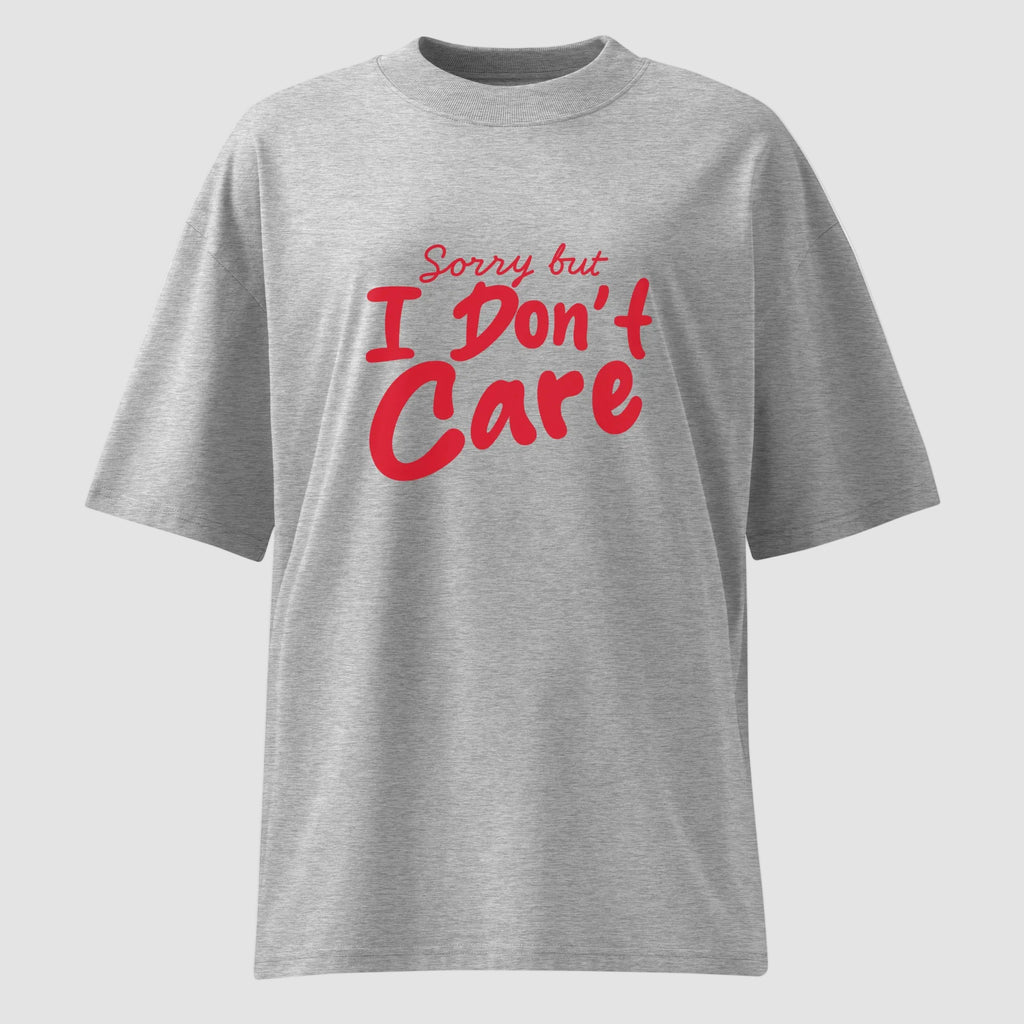 mockup maglietta unisex oversize grigia con scritta rossa sorry but i don't care - Totally Random®