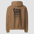 mockup retro felpa unisex oversize marrone con cappuccio e scritta nera in italiano sulla schiena oggi ansia - Totally Random®