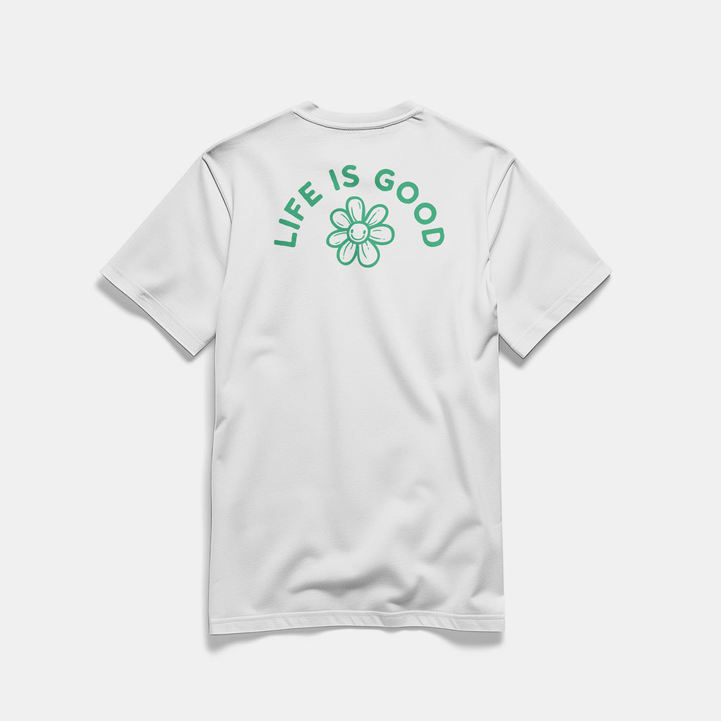 Mockup retro maglietta unisex girocollo bianca in cotone biologico con icone di fiore e scritta verde “Life is good” Totally Random