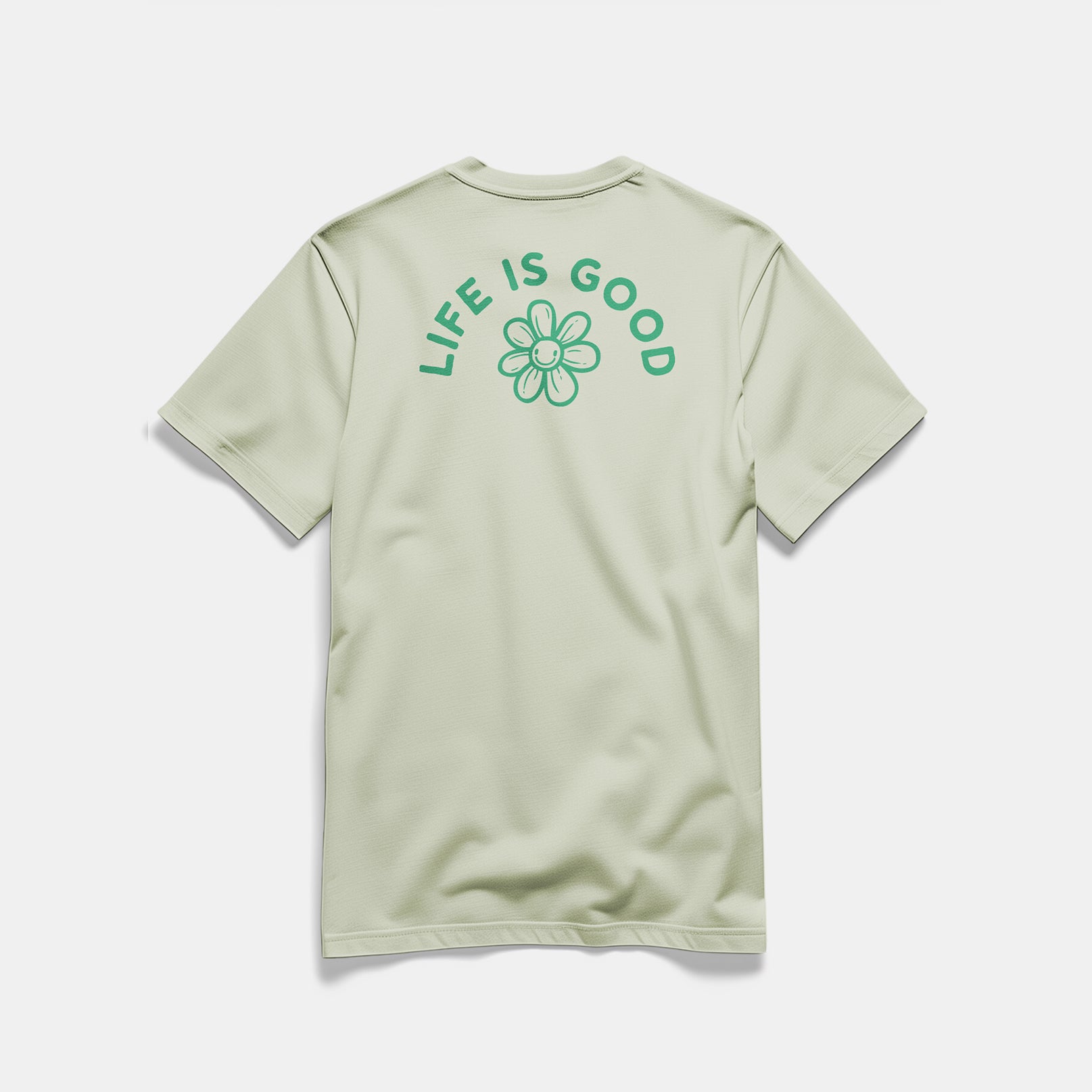 Mockup retro maglietta unisex girocollo verde in cotone biologico con icone di fiore e scritta verde “Life is good” Totally Random