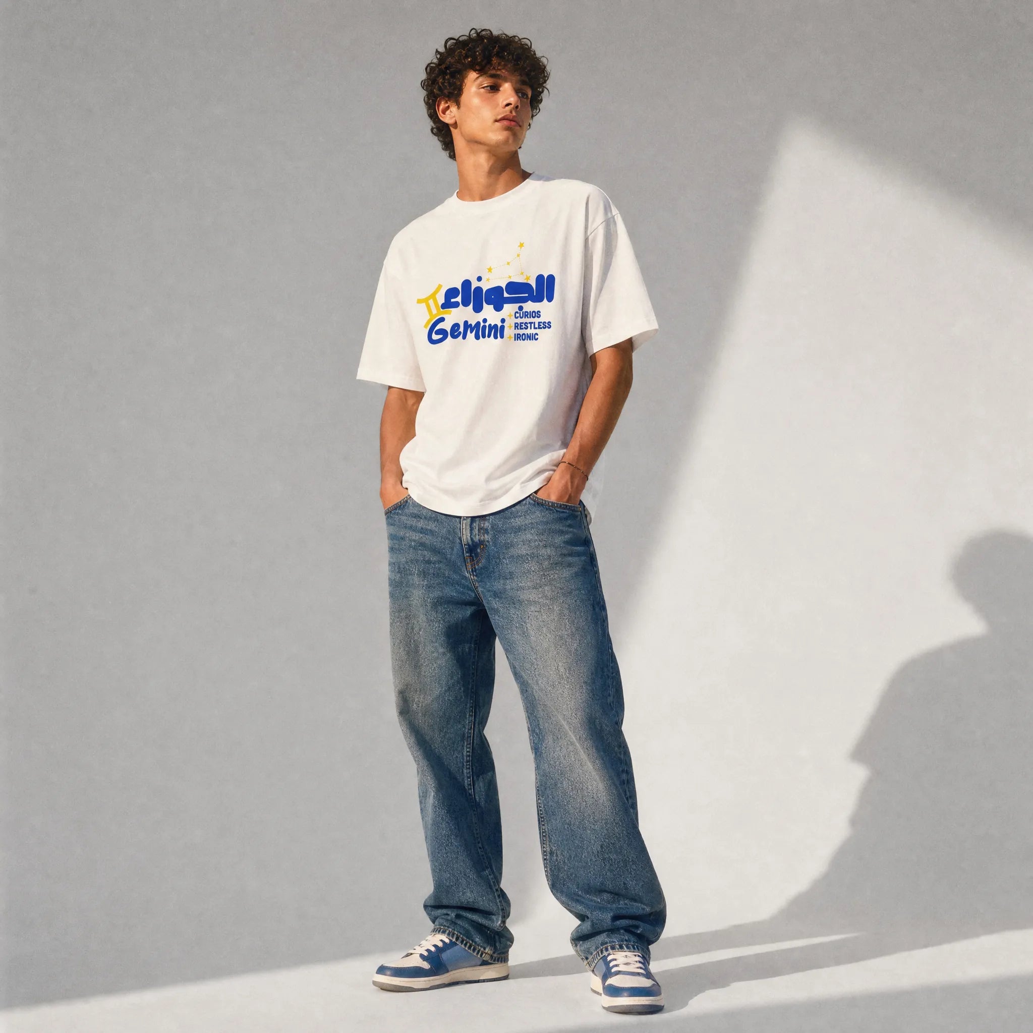 uomo con outfit streetwear che indossa una t-shirt bianco oversize totally random con design oroscopo gemini الجوزاء, curios restless ironic