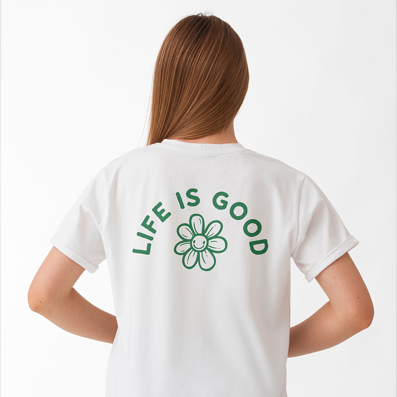 Retro maglietta donna girocollo bianca in cotone biologico con icone di fiore e scritta verde “Life is good” Totally Random